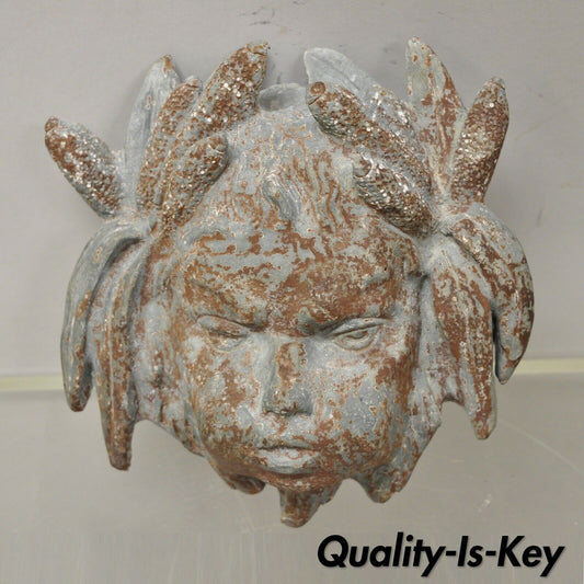 Antique French Neoclassical Small Lead Cherub Head Wall Fountain Garden Art