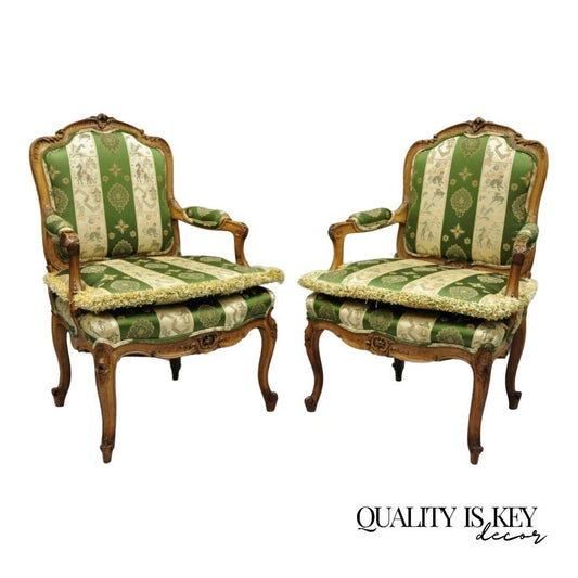 Pair of Early 20th C French Louis XV Style Cream Gold Walnut Fauteuil Arm Chairs