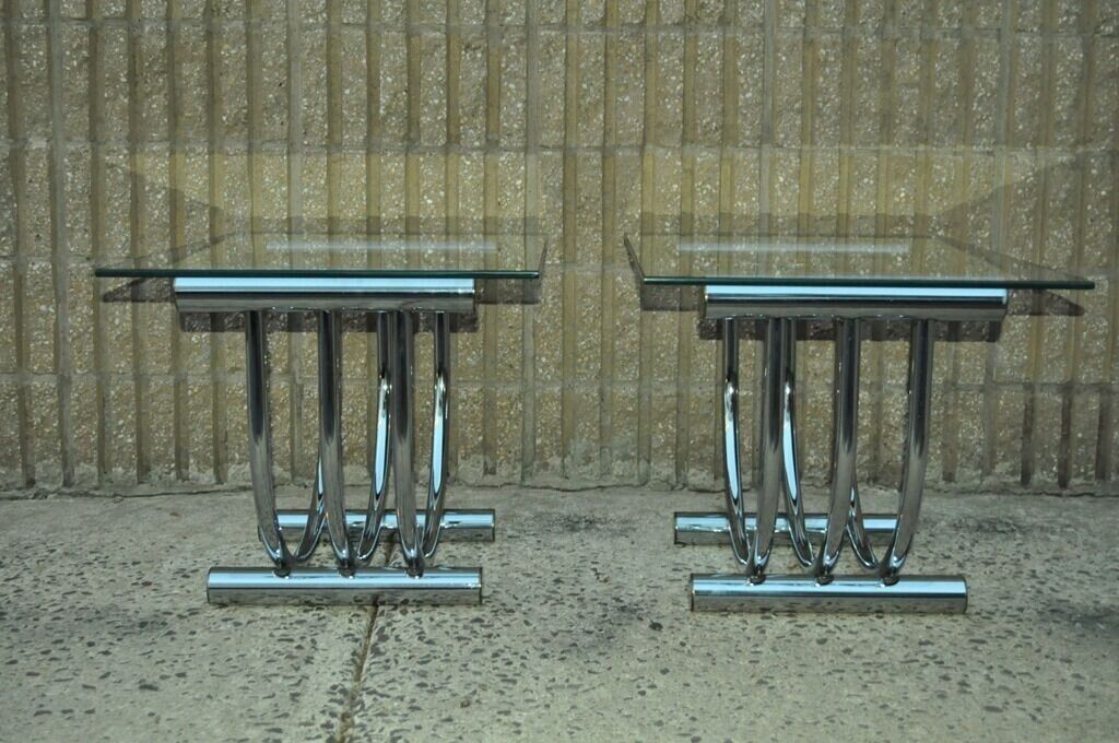 Vintage Mid Century Modern Chrome Brass Glass End Tables Romeo Rega Style a Pair