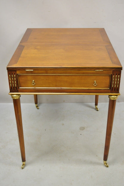 French Louis XVI Style Cherry Wood Flip Top Game Table With Brass Wheels