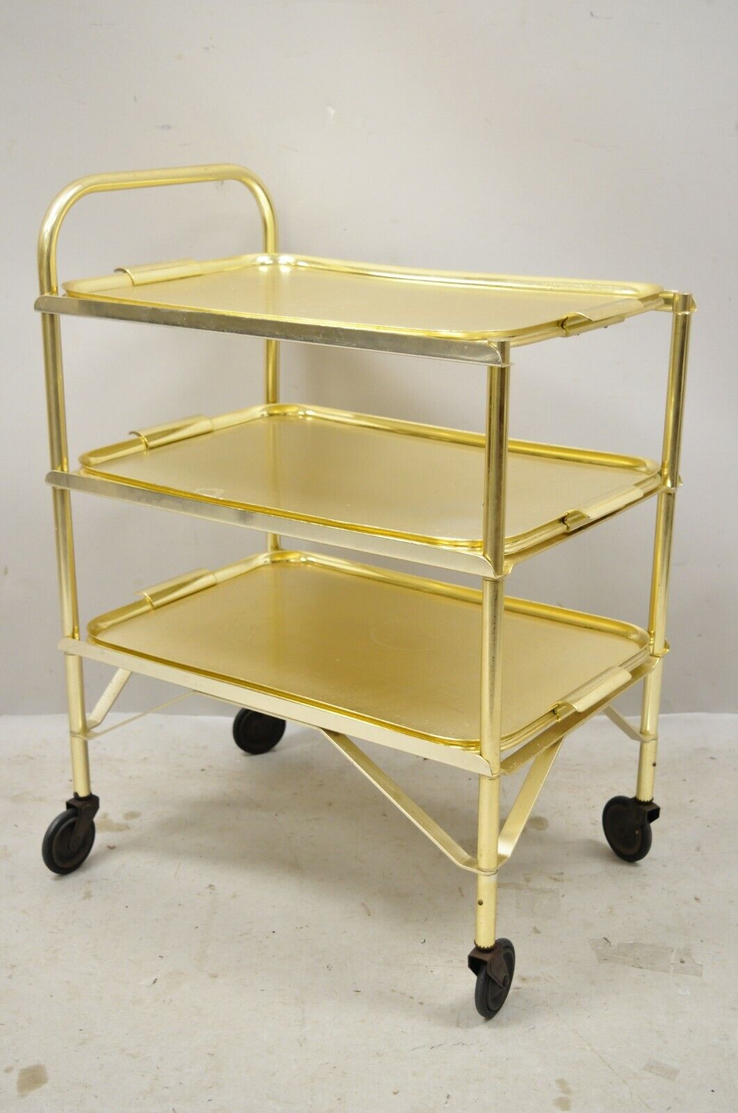 Mid Century Gold Aluminum Metal Folding Rolling Bar Cart Server with 3 Trays