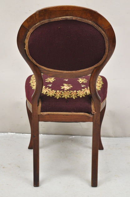 Victorian Burgundy Floral Needlepoint Carved Mahogany Balloon Back Side Chair