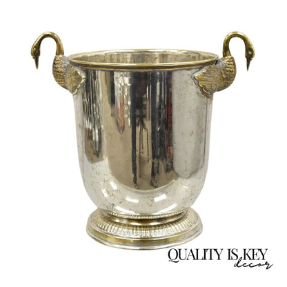 Vintage Italian Regency Silver Plated Champagne Chiller Ice Bucket w Brass Swans