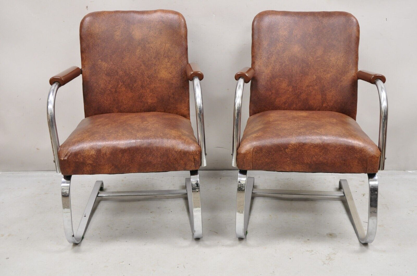 Vintage Lloyd Mfg Kem Weber Art Deco Steel Cantilever Lounge Chairs - a Pair