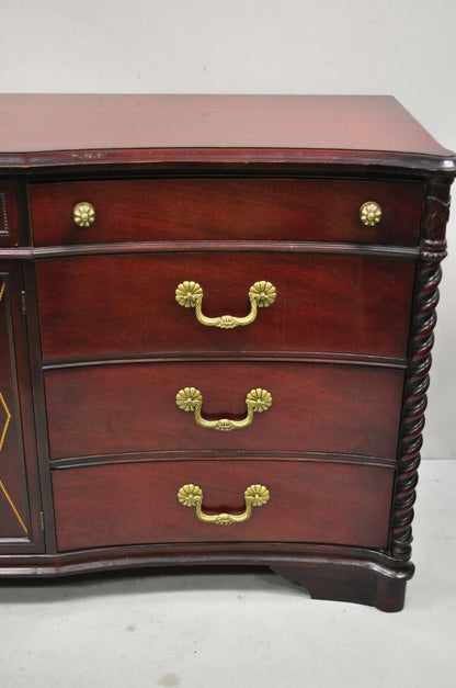 Mahogany Chinese Chippendale Long Dresser Credenza w/ Tooled Leather Door Front