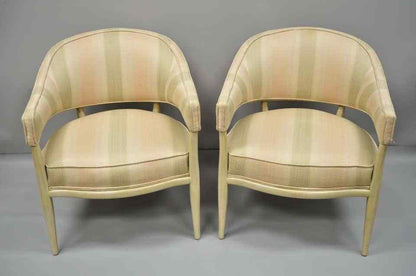 Pair T.H. Robsjohn-Gibbings Style Barrel Back Mahogany Lounge Club Chairs