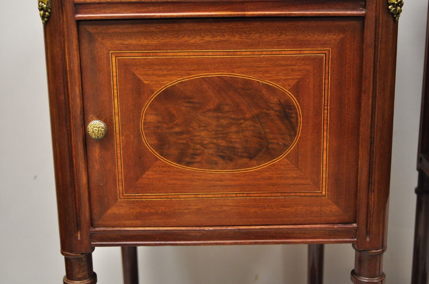 Antique French Louis XVI Marquetry Inlay Marble Top Nightstand Washstand - Pair