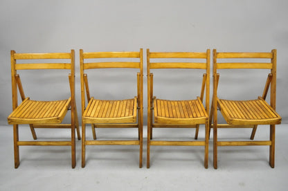 4 Vintage Wood Slat Seat Mid Century Modern Folding Dining Game Chairs