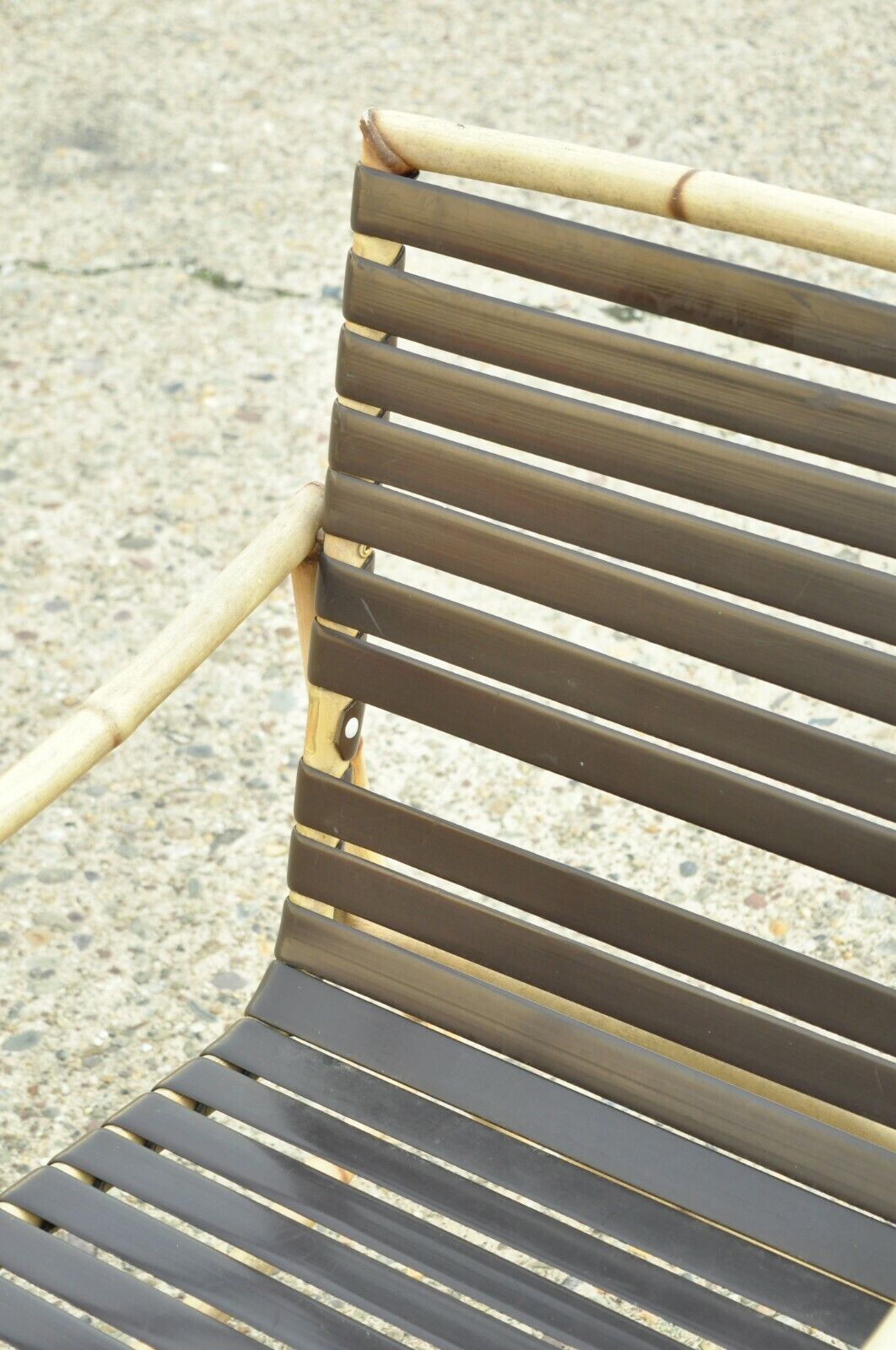 Faux Bamboo Chinese Chippendale Aluminum Vinyl Strap Patio Arm Chairs - a Pair