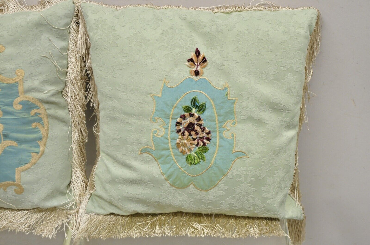 Vintage 17" Green Silk Embroidered Victorian Style Pillow with Fringe - a Pair