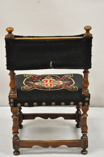 Antique Italian Renaissance Turn Carved Walnut Tapestry Small Childs Side Chair