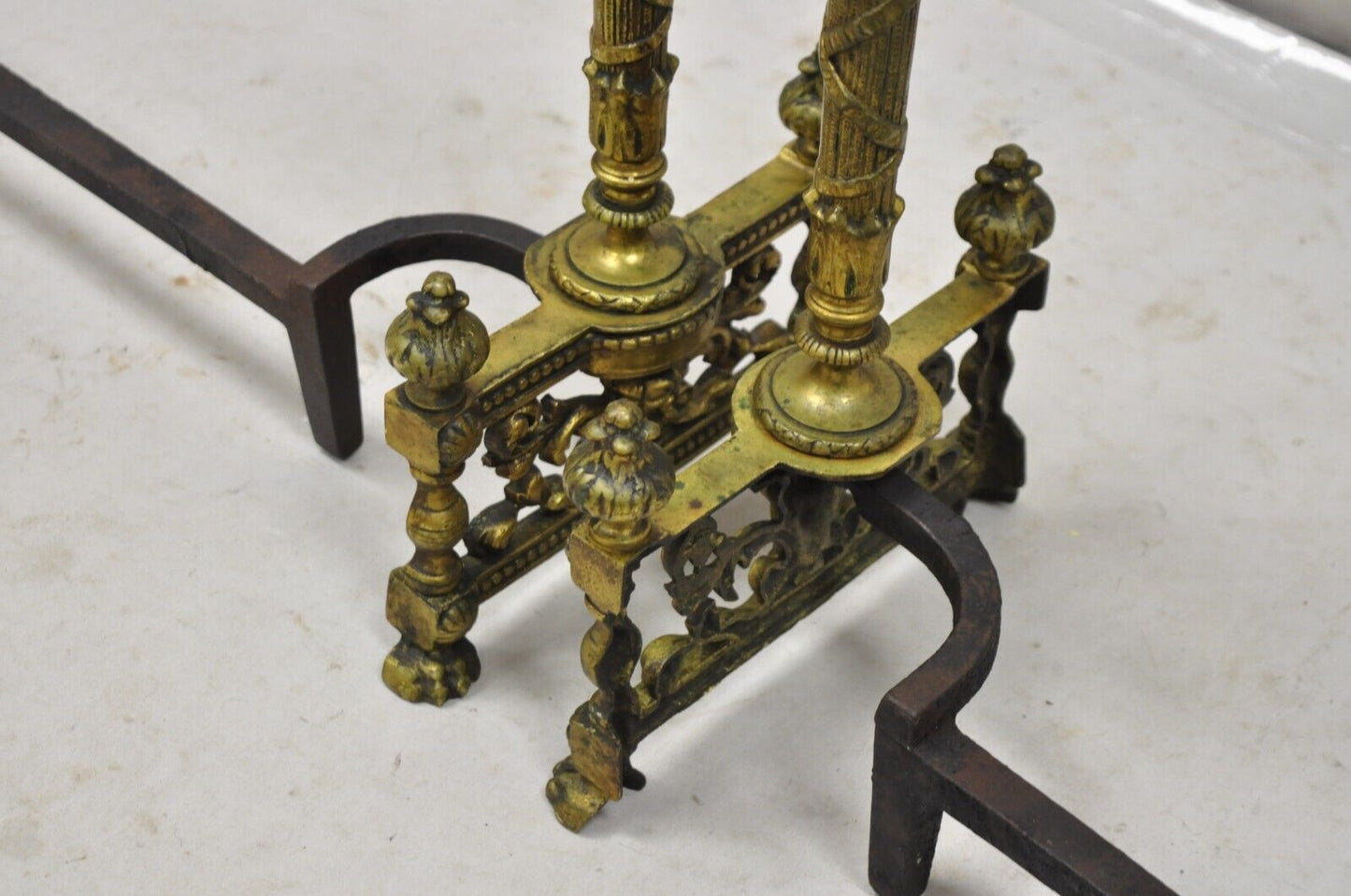 Antique French Empire Style Flame Finial Brass and Cast Iron Andirons - a Pair