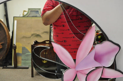 Vintage American Art Nouveau Modern Pink Frosted Glass Flower 36" Round Mirror