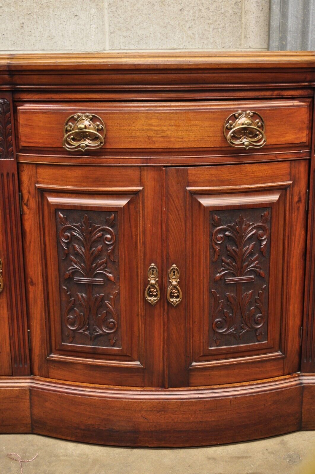 Antique French Renaissance Art Nouveau Mahogany Bowed Front Buffet Sideboard