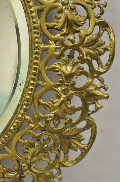 Antique French Renaissance Style Round Leafy Brass Frame Small Beveled Mirror