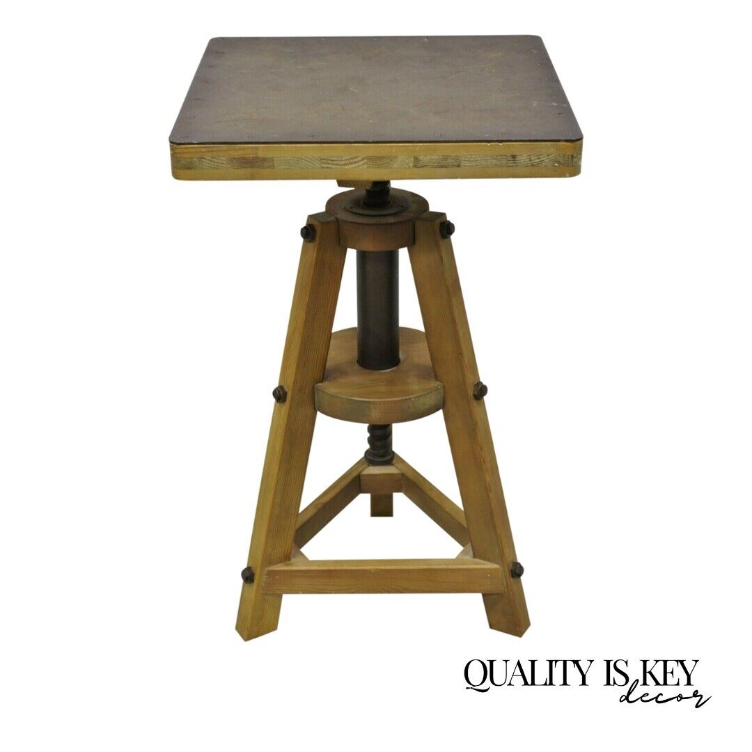 Modern Industrial Style Solid Wood Adjustable Height Metal Top Side Table