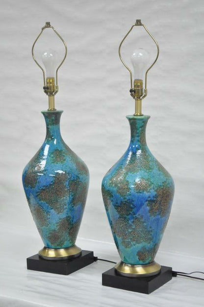 Pair of Mid Century Italian Modern Blue Glazed Ceramic Pottery Table Lamps