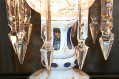 Antique Pair of Bohemian Cased Blue Glass & Crystal Lustre Table Lamps Mantel