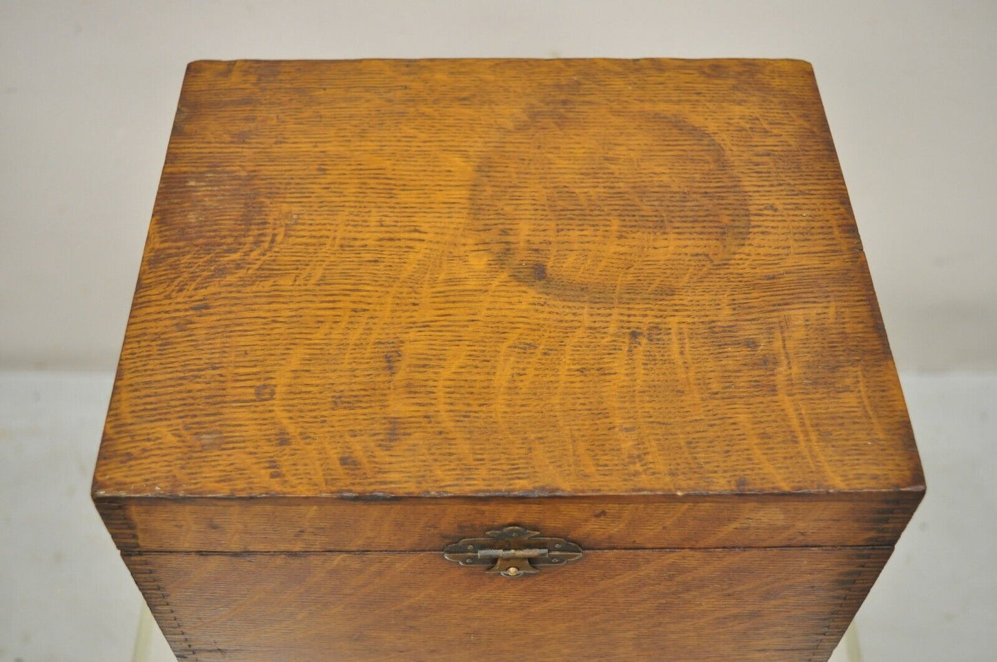 Antique 11" Oak Wood Arts & Crafts Storage Hinged Sewing Box