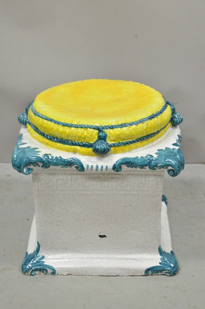 Italian Regency Yellow Blue Glazed Terracotta Greek Key Garden Seat Side Table