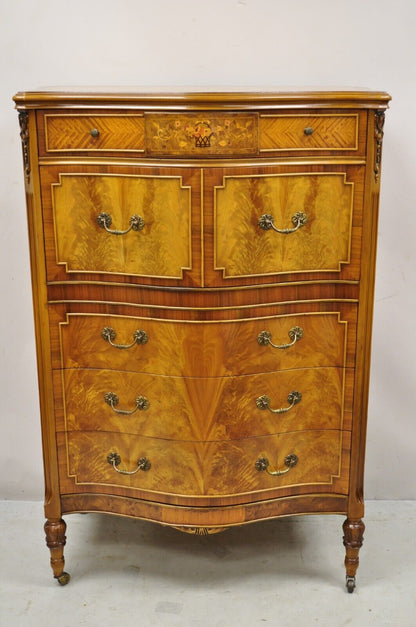 French Louis XV Style Satinwood Serpentine Highboy Tall Chest Dresser by Joerns