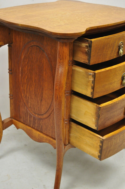 Antique Victorian Art Nouveau Golden Oak 4 Drawer Work Stand Sewing Side Table