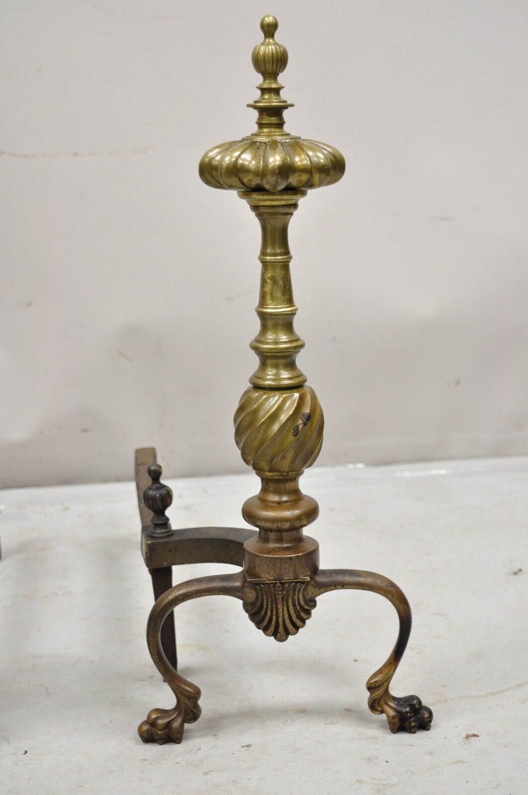 Antique French Empire Style Bronze Brass Spiral Column Andirons- a Pair