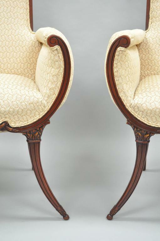 Pair Hollywood Regency French Victorian Mahogany Saber Leg Fireside Arm Chairs