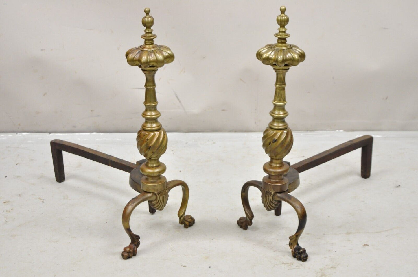 Antique French Empire Style Bronze Brass Spiral Column Andirons- a Pair