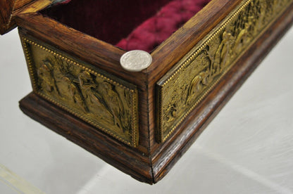 Antique E. Schutzmarke Oak Wood Figural Bronze Relief Jewelry Box Casket