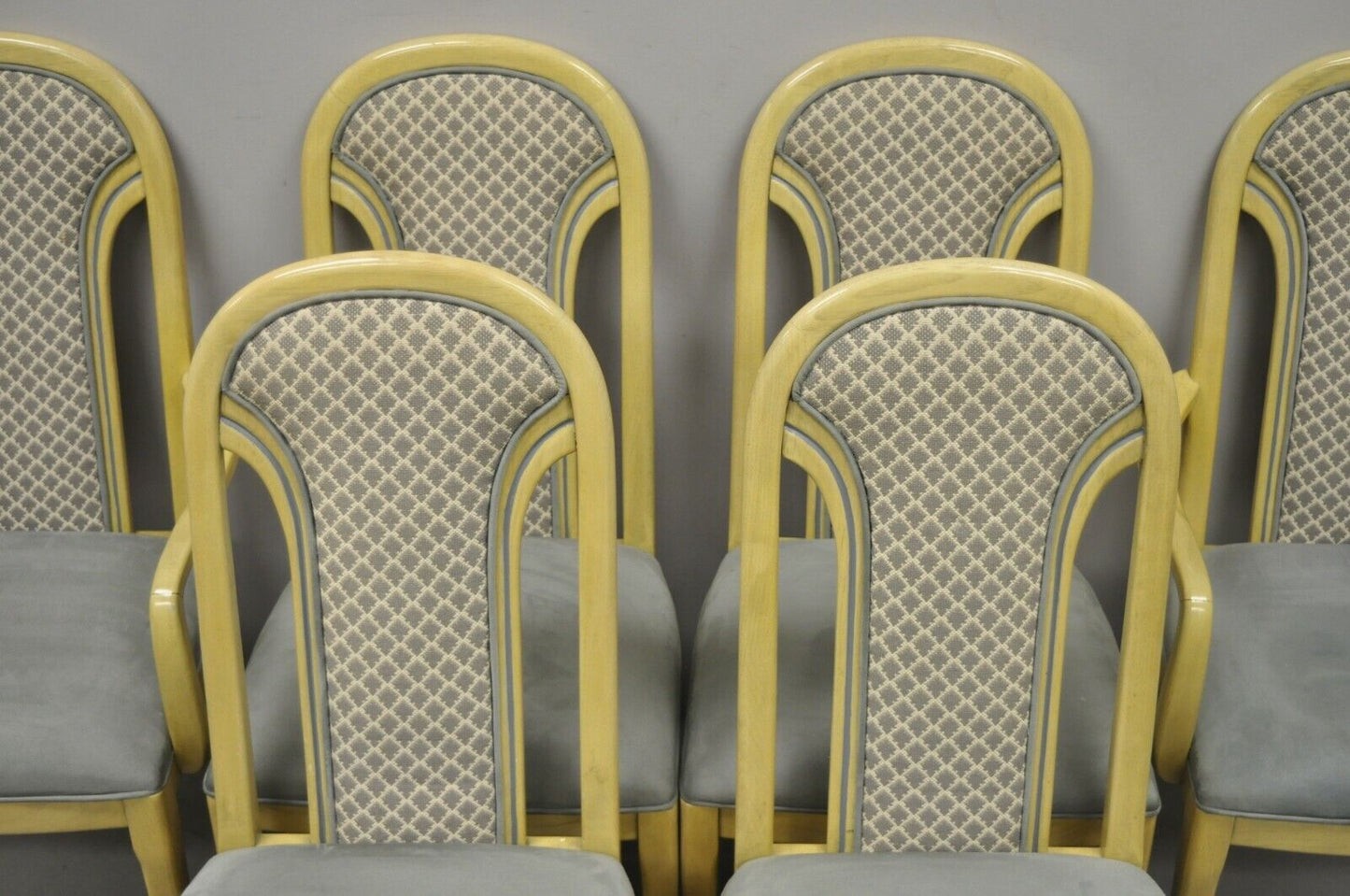 Set 6 Vintage Art Deco Style Cream Upholstered Back Dining Chairs attr. Henredon