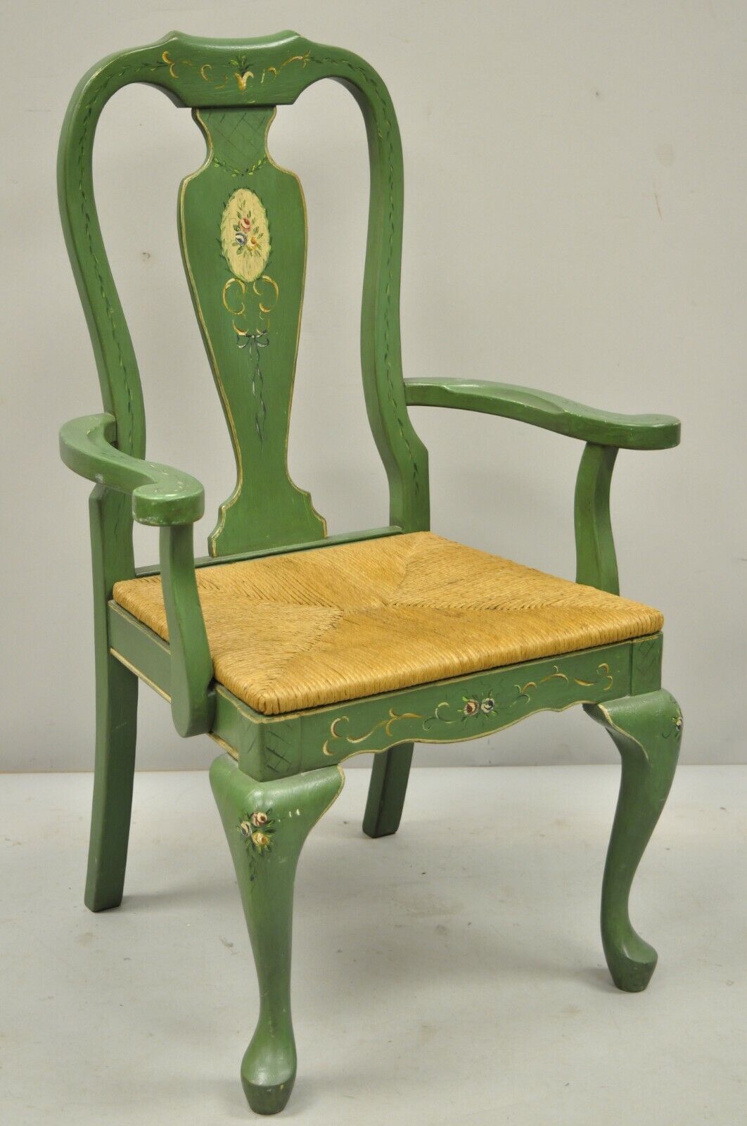 Pair of Vintage Queen Anne Style Green and Red Rush Seat Arm Chairs