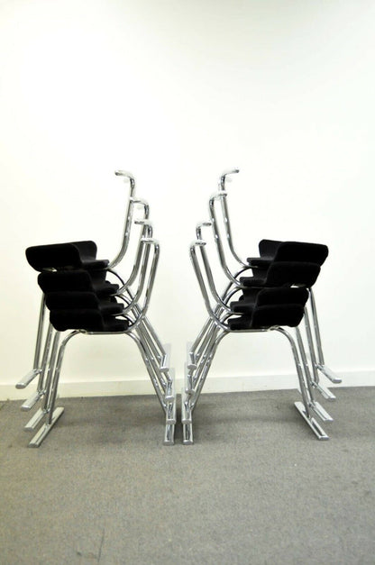 Eight Mid-Century Modern Chrome Stacking Dining Side Game Chairs by Stendig