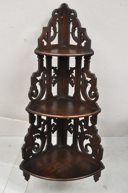 Victorian Walnut 3 Tier Carved Knick Knack Corner Whatnot Wall Shelf Curio