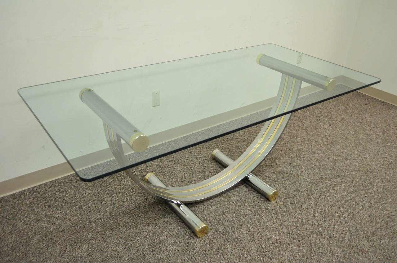 Mid Century Modern Romeo Rega Style Chrome Brass and Glass Arch Dining Table