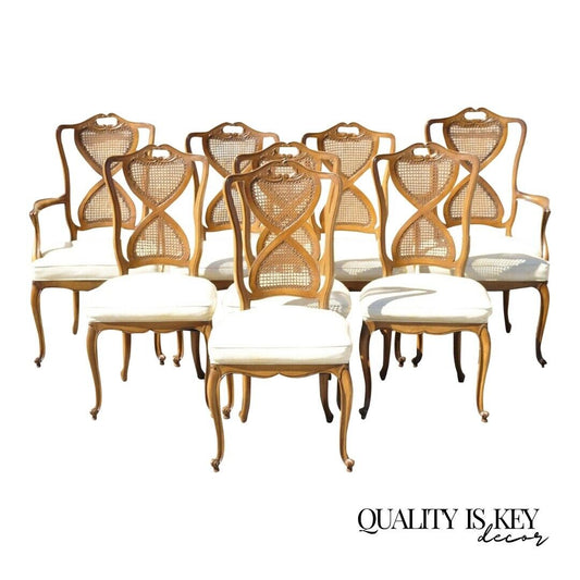 French Provincial Hollywood Regency Cane Back Pretzel Twist Dining Chair - Set 8