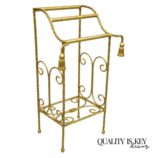 Italian Hollywood Regency Gold Iron Metal Rope Tassel Bathroom Towel Rack Stand