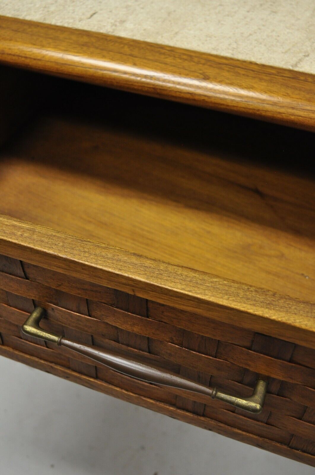 Pair of Mid Century Modern Lane Style Walnut & Travertine One Drawer End Tables