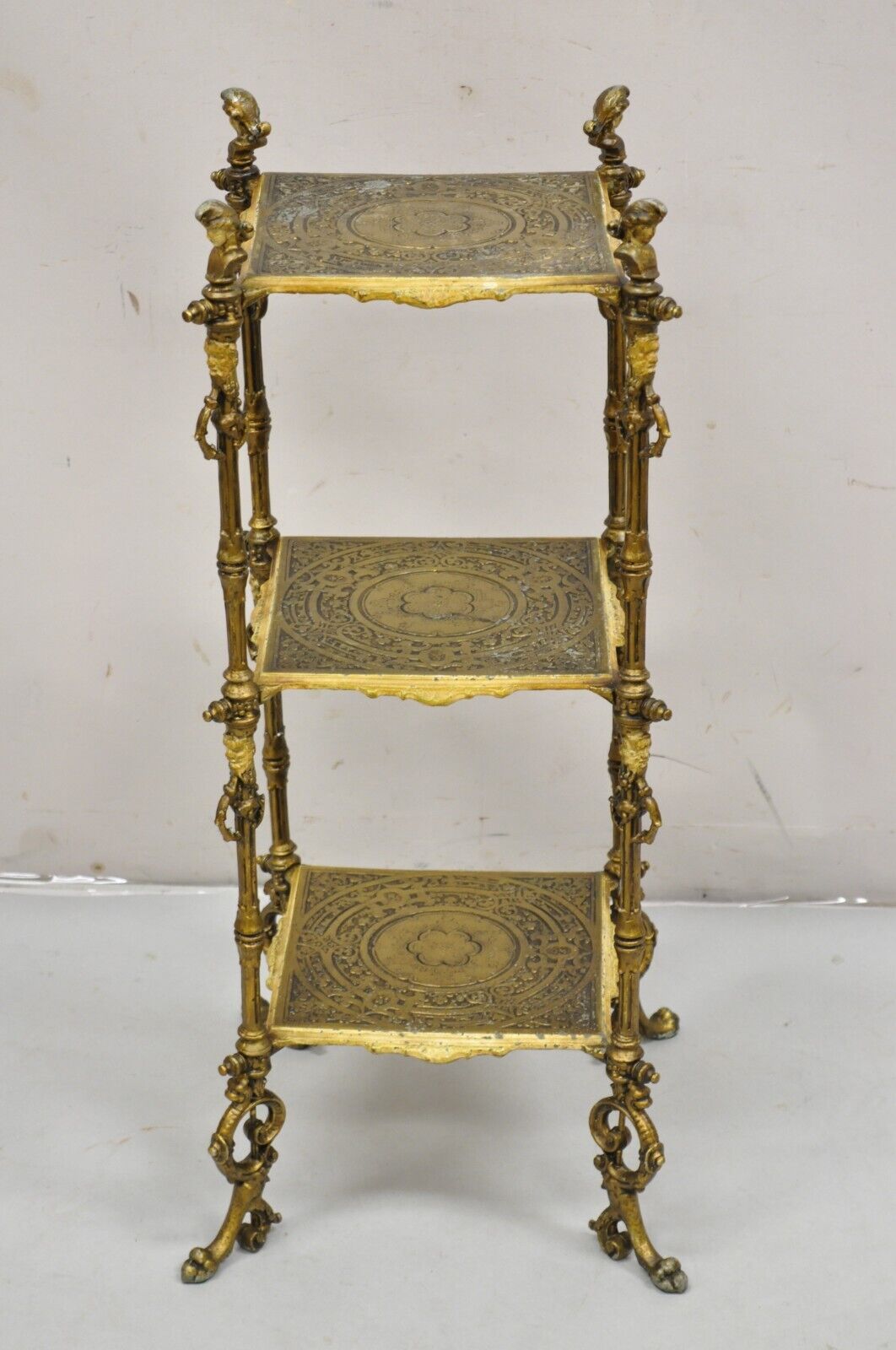 Antique Victorian Cast Iron Figural Renaissance 3 Tier Plant Stand Side Table