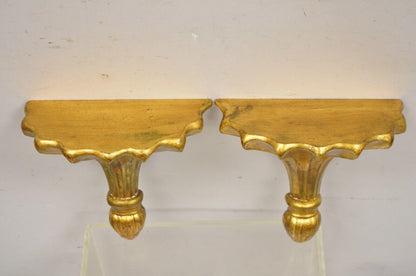 Maitland Smith Distressed Gold Gilt Fluted Fan Design Wall Shelf Bracket - Pair