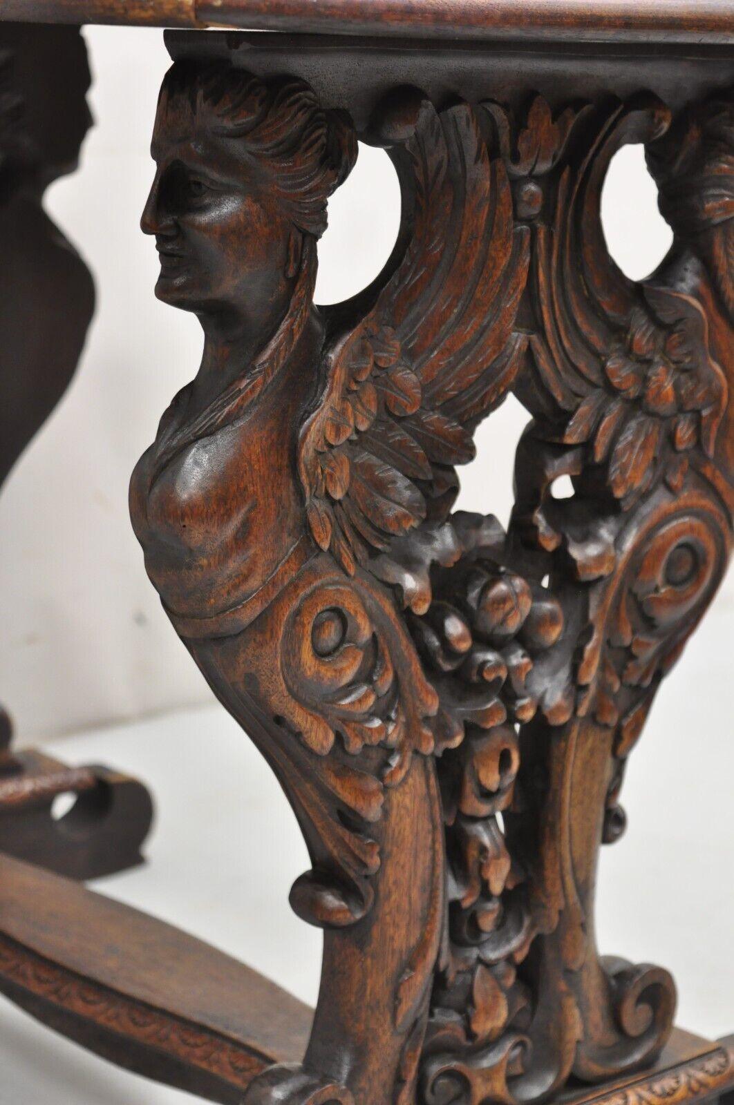 Antique Renaissance Revival Carved Winged Maiden Walnut Mirror Top Side Table