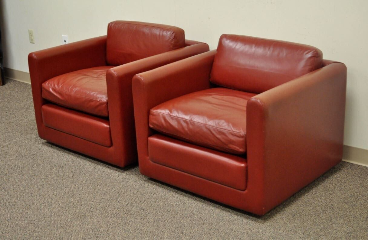 Mid Century Modern Red Leather Cube Club Lounge Chairs on Casters - a Pair