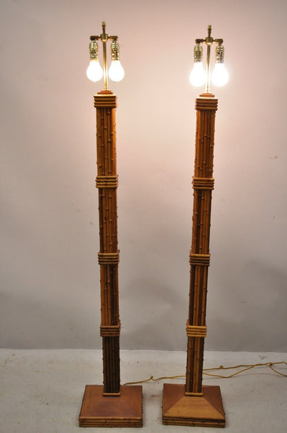 Vintage Tiki Rattan Hollywood Regency Wood Faux Bamboo Floor Lamps - a Pair