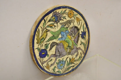 Antique Persian Iznik Qajar Style Ceramic Pottery Round Tile Horse w/ Rider C4