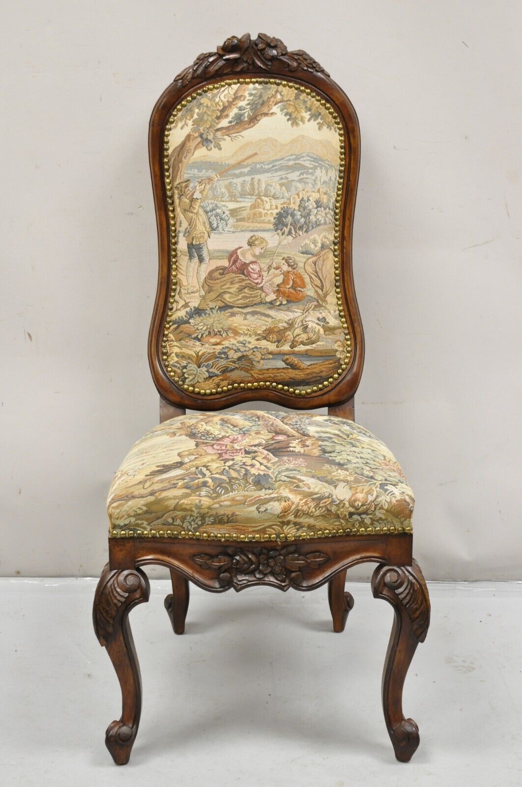 Vintage French Renaissance Style Walnut Baroque Figural Tapestry Side Chair