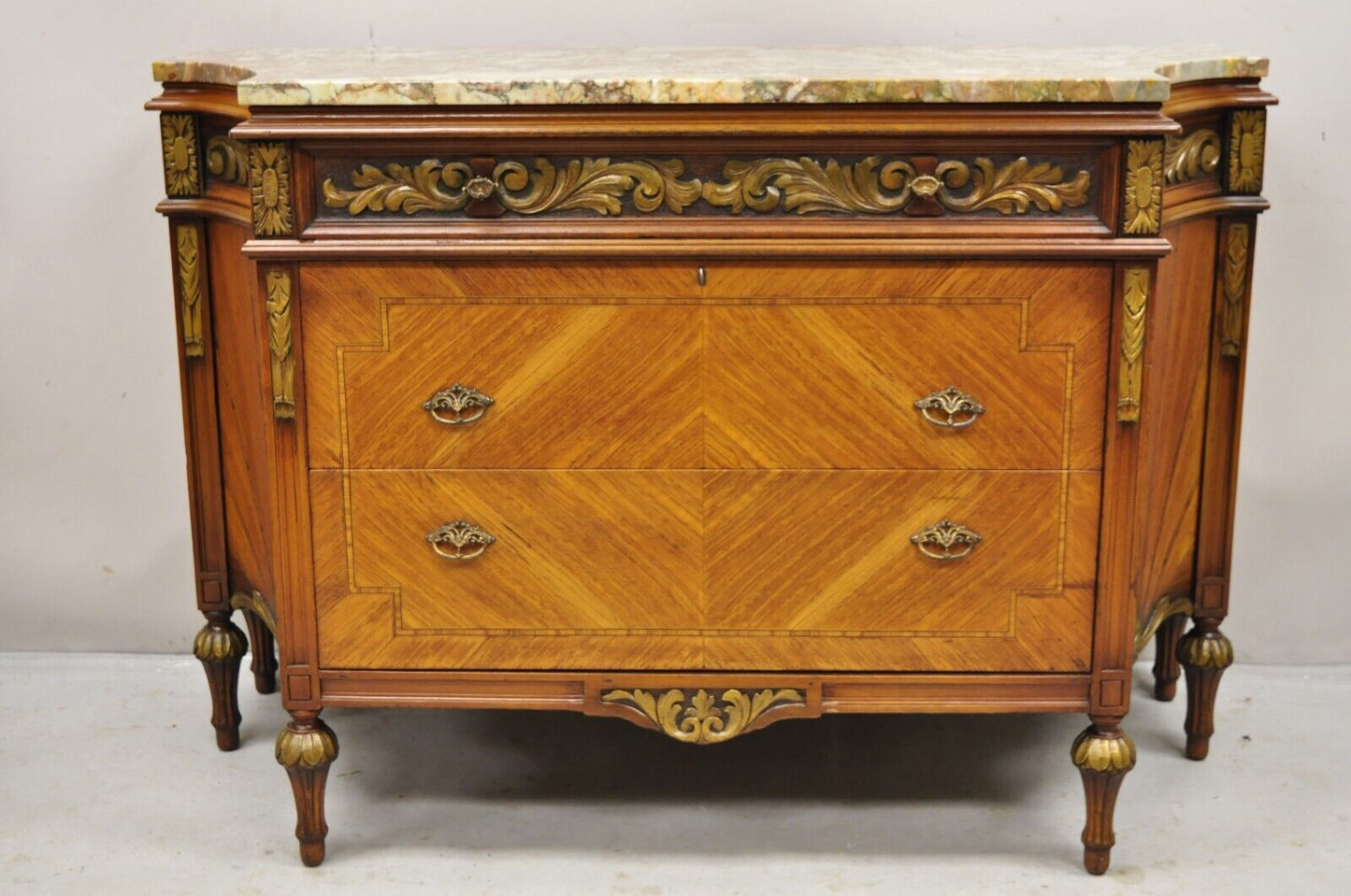 Antique French Louis XVI Style Marble Top Satinwood Demilune Dresser Commode