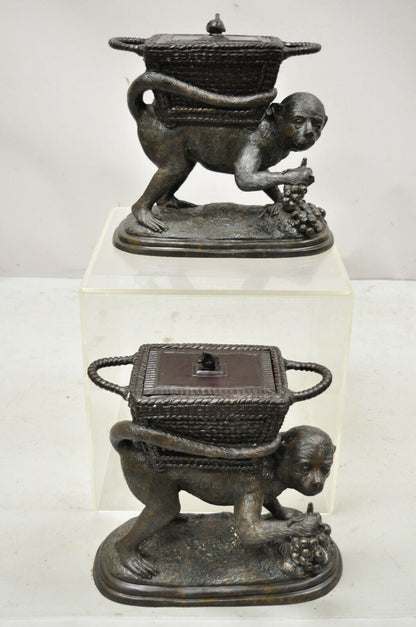 Maitland Smith Cast Bronze Monkey w/ Lidded Basket Planter Pot Statue Sculpture