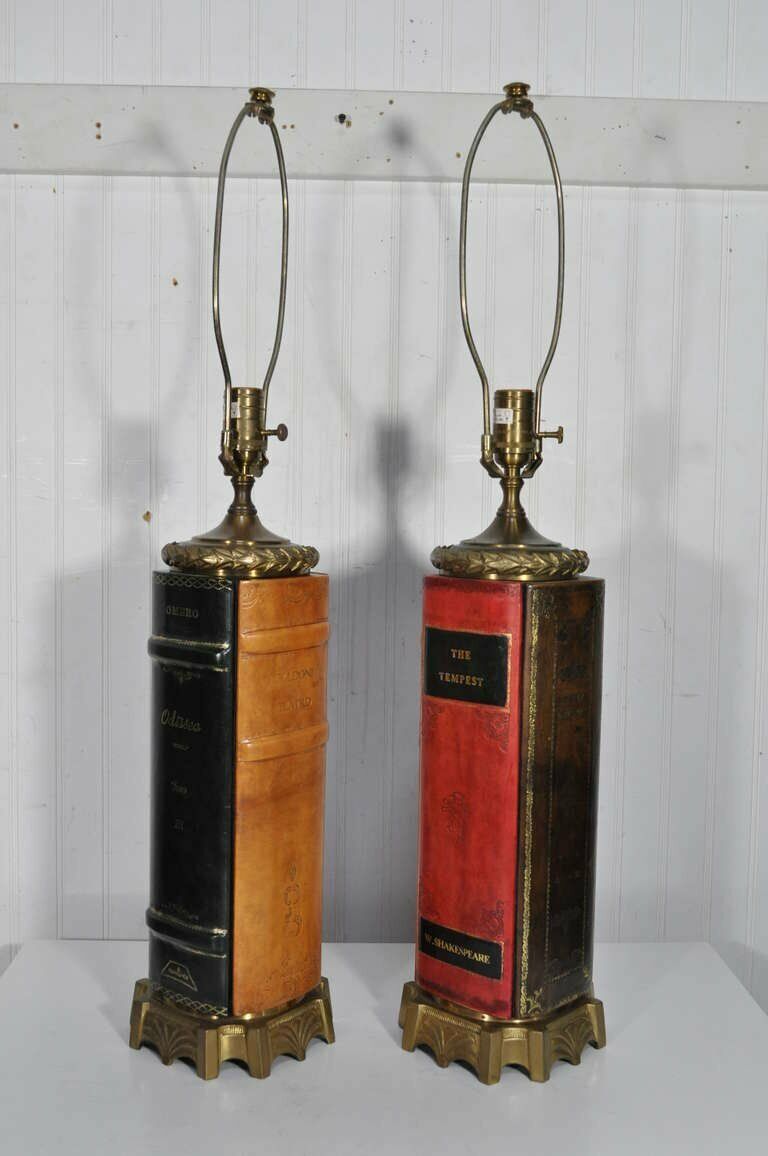 Pair of English Style Brass and Tooled Leather Bound Book Form Table Lamps