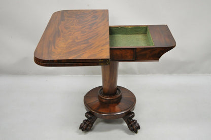 American Empire Crotch Flame Mahogany Paw Feet Pedestal Base Console Game Table