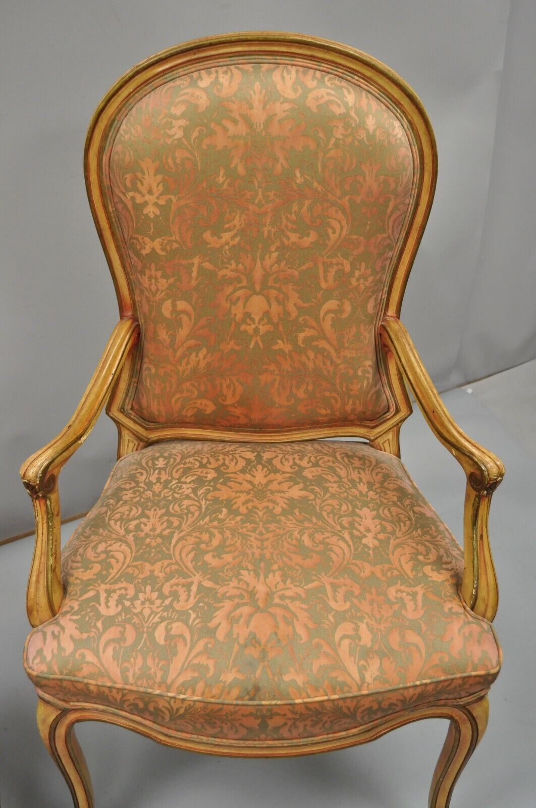 2 Italian Provincial French Hollywood Regency Upholstered Dining Room Arm Chairs